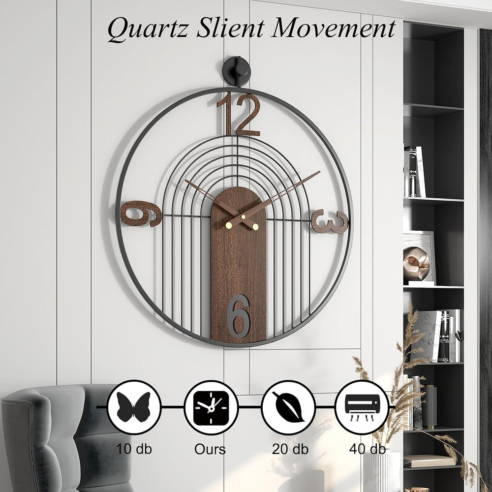 Modern Large Walnut Dial Wall Clock, Wood Metal Frame Silent Non Ticking Wall...