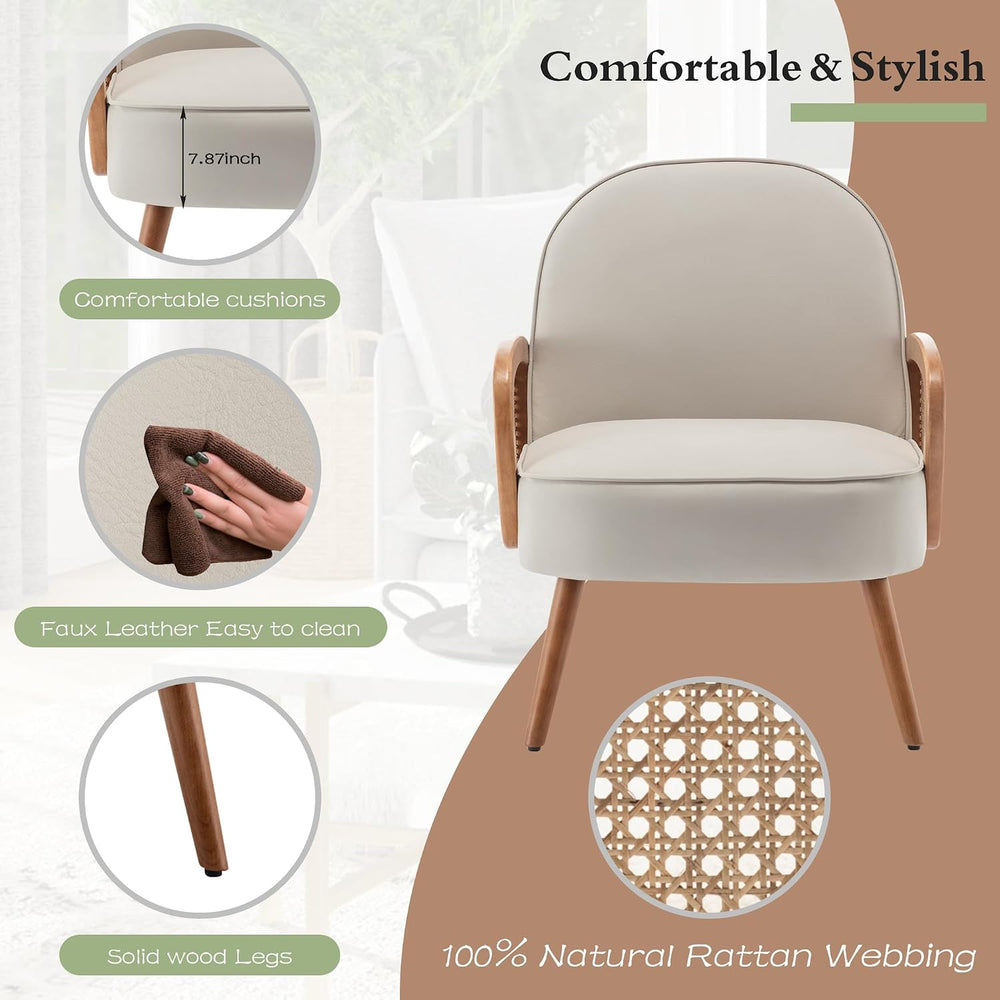 Aklaus Mid Century Modern Accent Chair Armchair with Rattan Arms Upholstered ...
