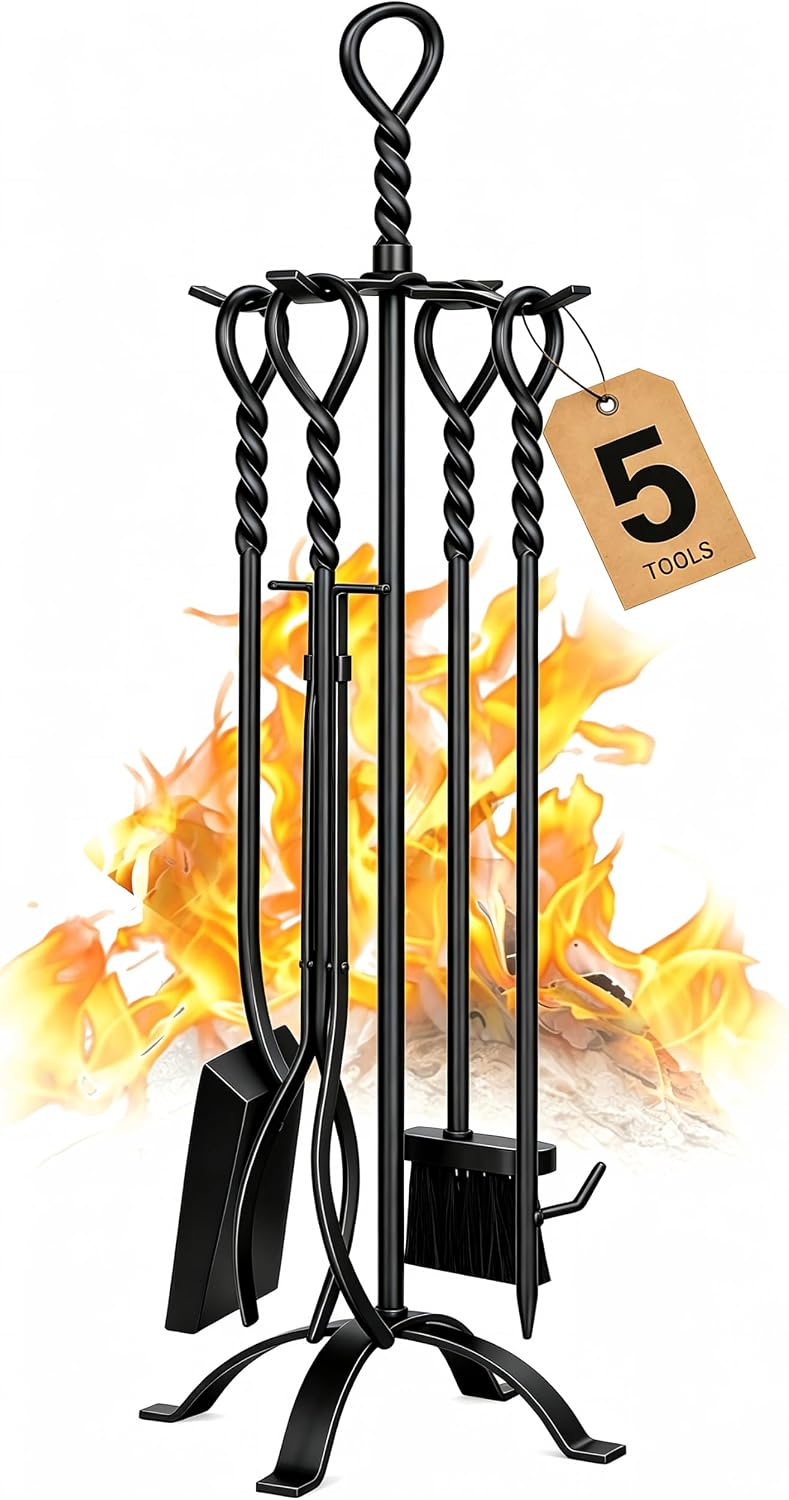 Gtongoko 35”Tall Fireplace Tools Set with Stand 5-Piece Solid Wrought Iron