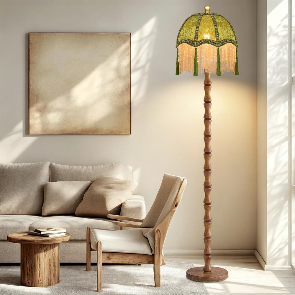 ZECOXOL Wood Floor Lamps for Living Room Boho Rustic Floor Lamp with Remote C...