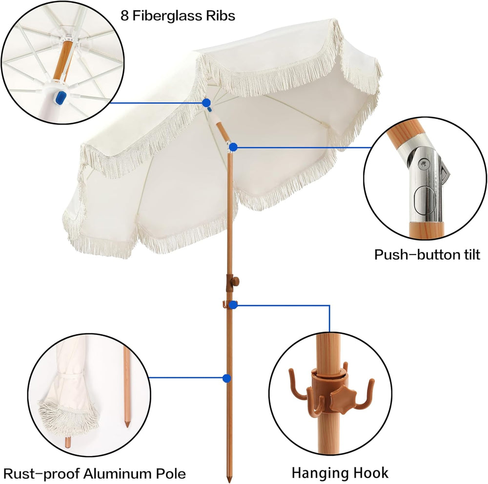 Seazul 6.5ft Patio Umbrella with Fringe, Beach Umbrella, Fringe Umbrella