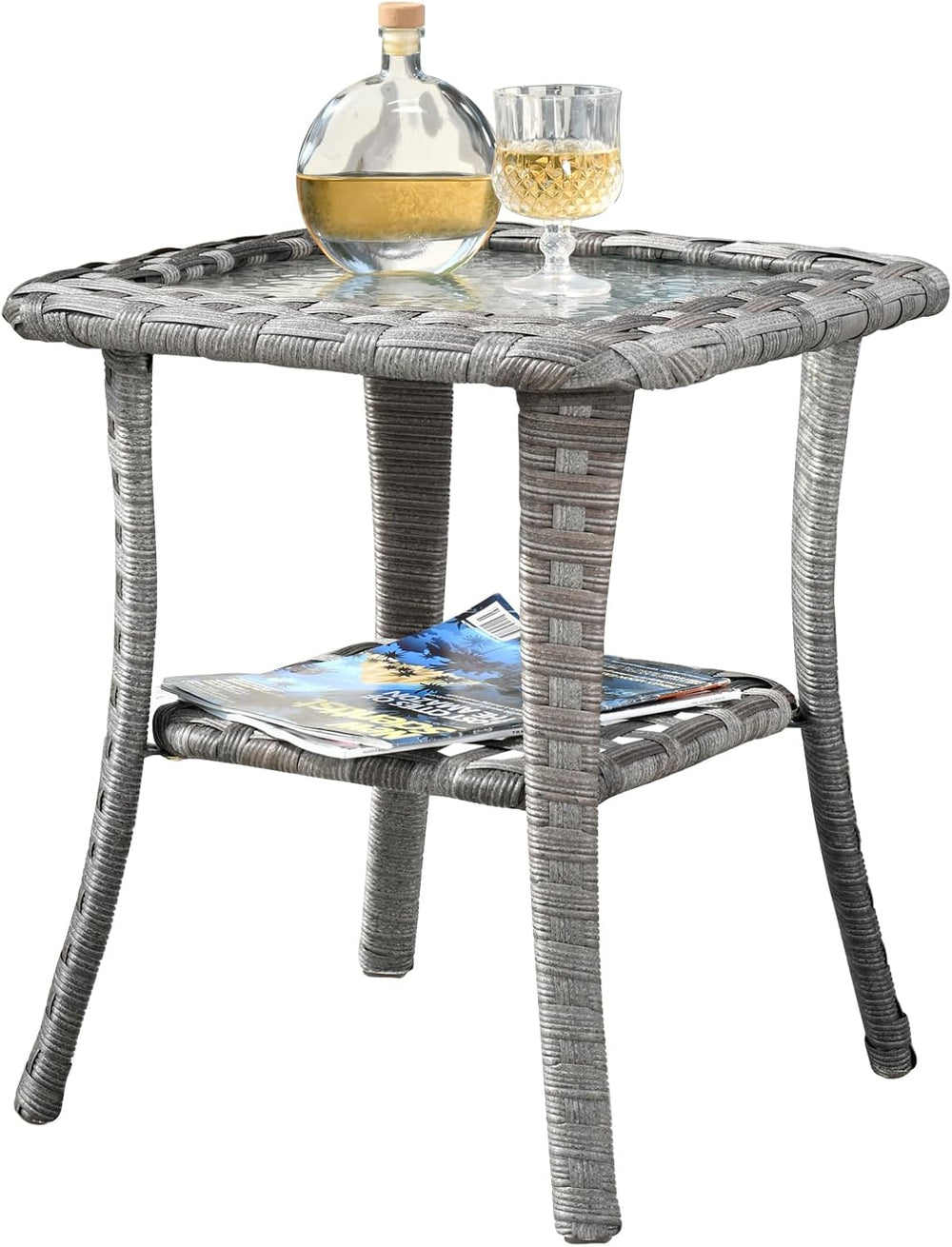 ovios Outdoor Side Table with Tempered Glass Top, Patio Wicker Rattan Bistro ...