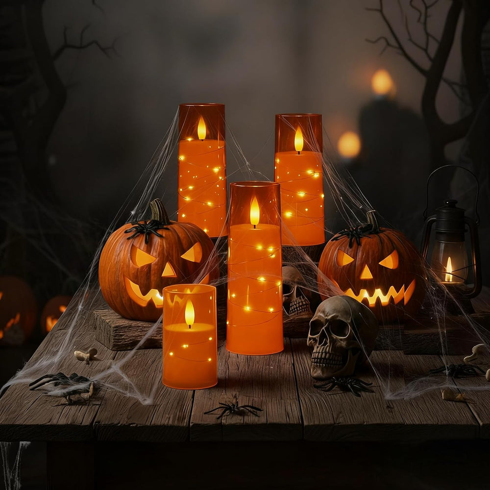 Raycare 9 Pcs Orange Halloween Flameless Pillar Candles with Remote Timer