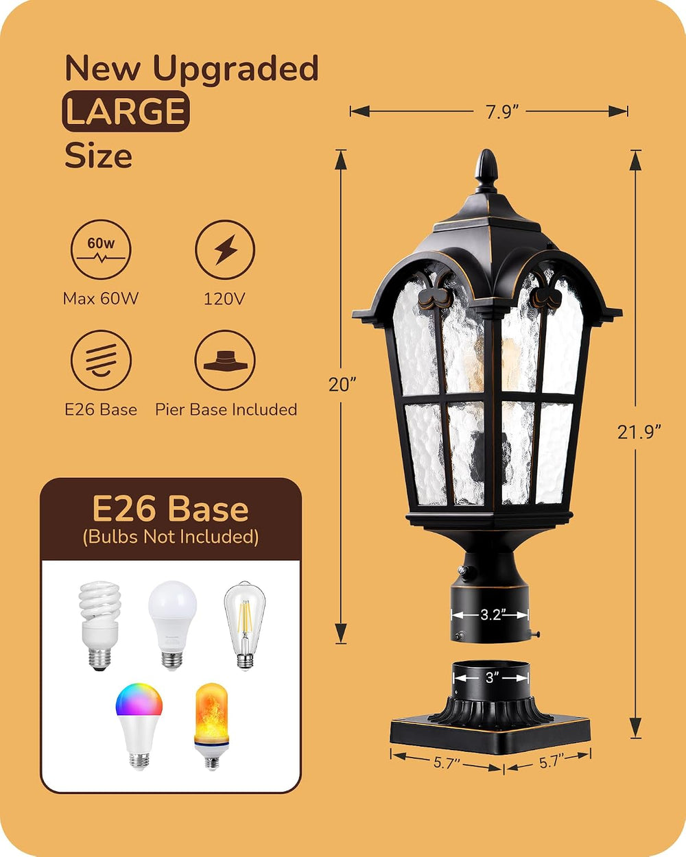 EDISHINE Large Size Dusk to Dawn Outdoor Post Light, 21.9'' H 120V Po...