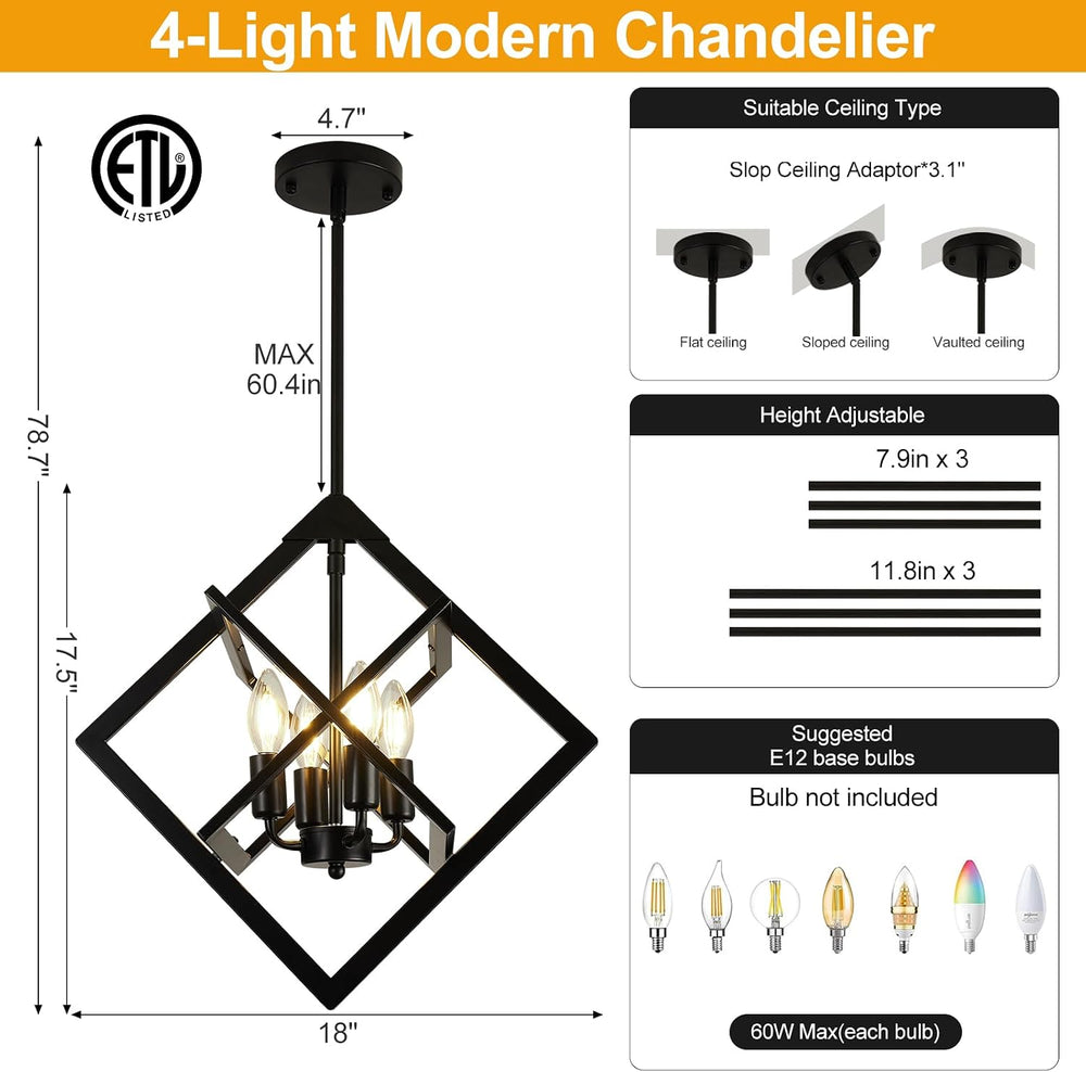 18" Modern Black Chandelier for Dining Room, No Assembly Required 4-Ligh...