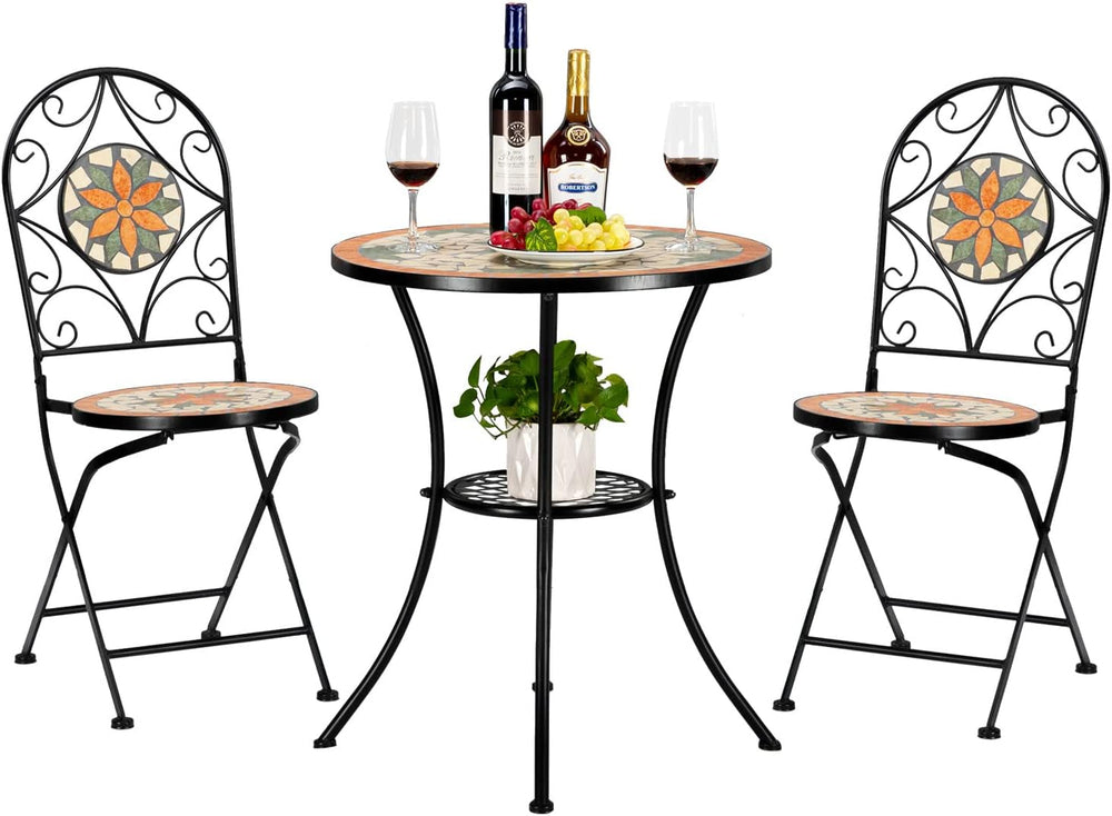 VINGLI 3 Pieces Garden Patio Mosaic Table, Outdoor Bistro Set with Folding Ch...