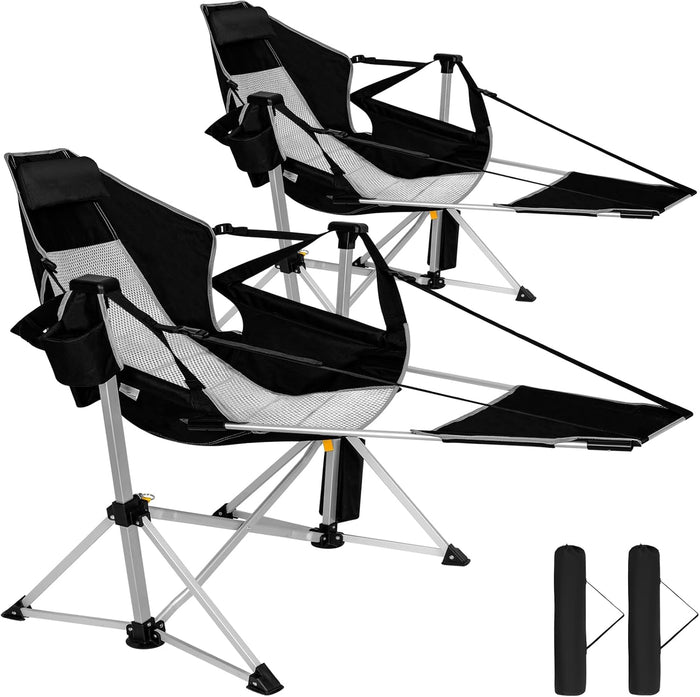 Romswi 2-Pack Aluminum Hammock Chair with Footrest, Oversized Portable Folding Swinging Chair with Adjustable Back & Seat, Lightweight Rocking Camp Chair Supports 440lbs for Outdoor, Patio - Black