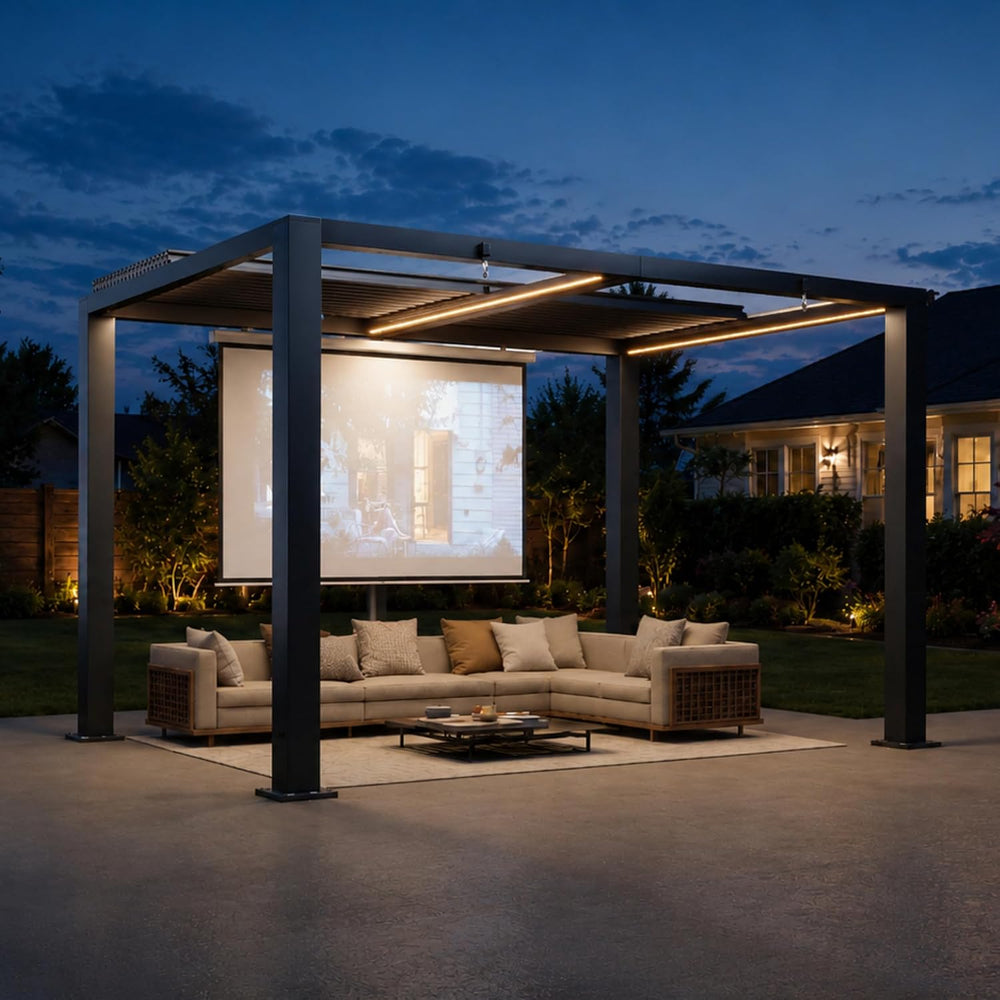 Aoxun Louvered Pergola Motorized 9' x 12' with LED Lights,Black Grey