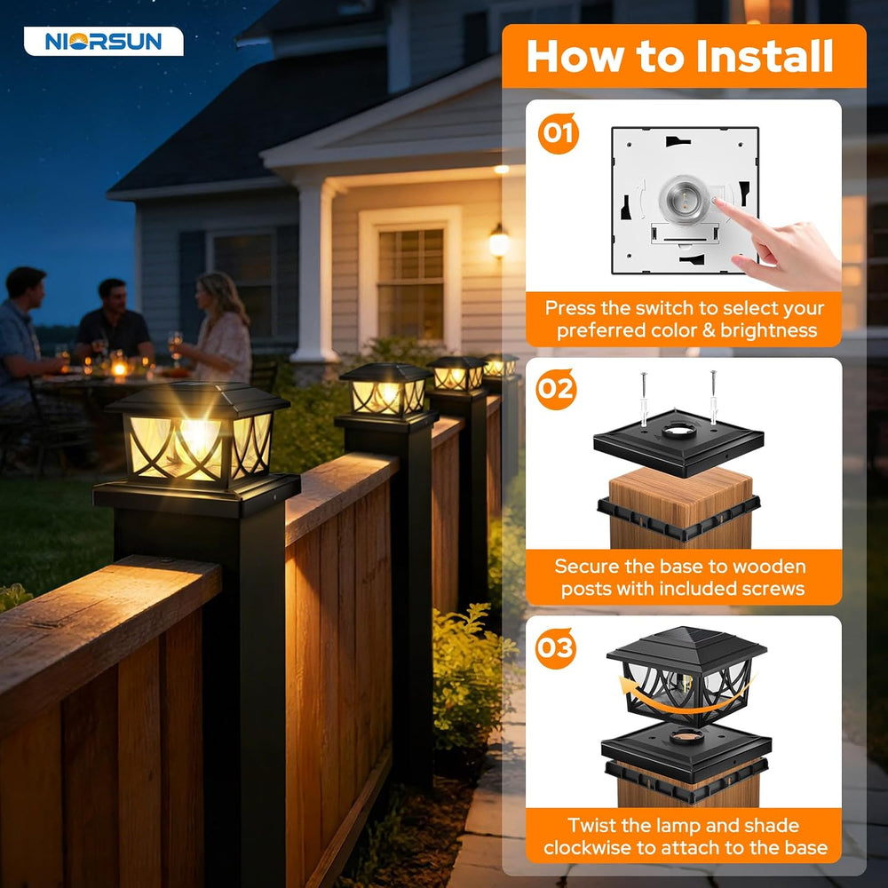 NIORSUN 4x4 Post Solar Lights, 3 Color Temps & 2 Brightnesses, 8 Pack Black