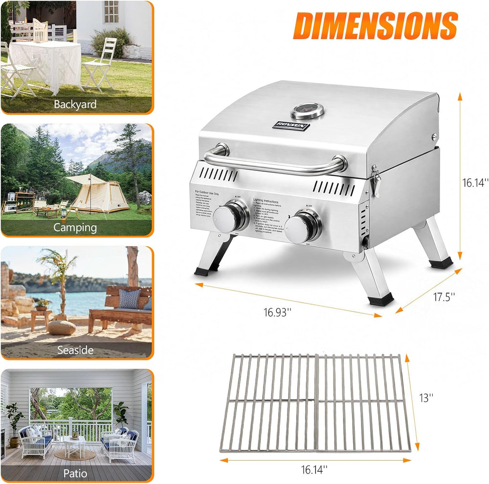 ROVSUN 2 Burner Portable Gas Grill, 20000 BTU Outdoor Tabletop Propane Grill ...