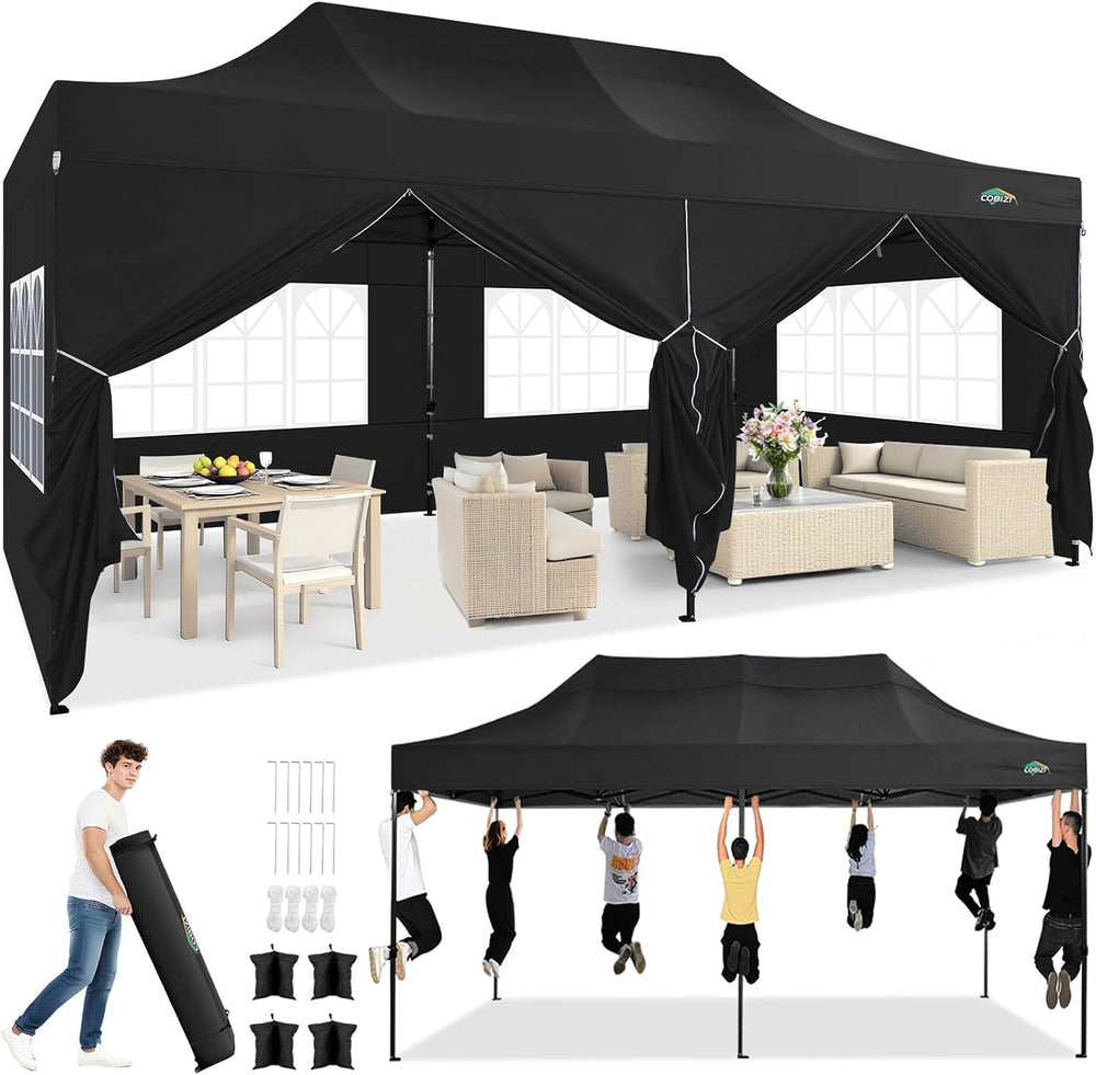 COBIZI 10x20 Heavy Duty Pop Up Canopy Tent with 6 Sidewalls, Black