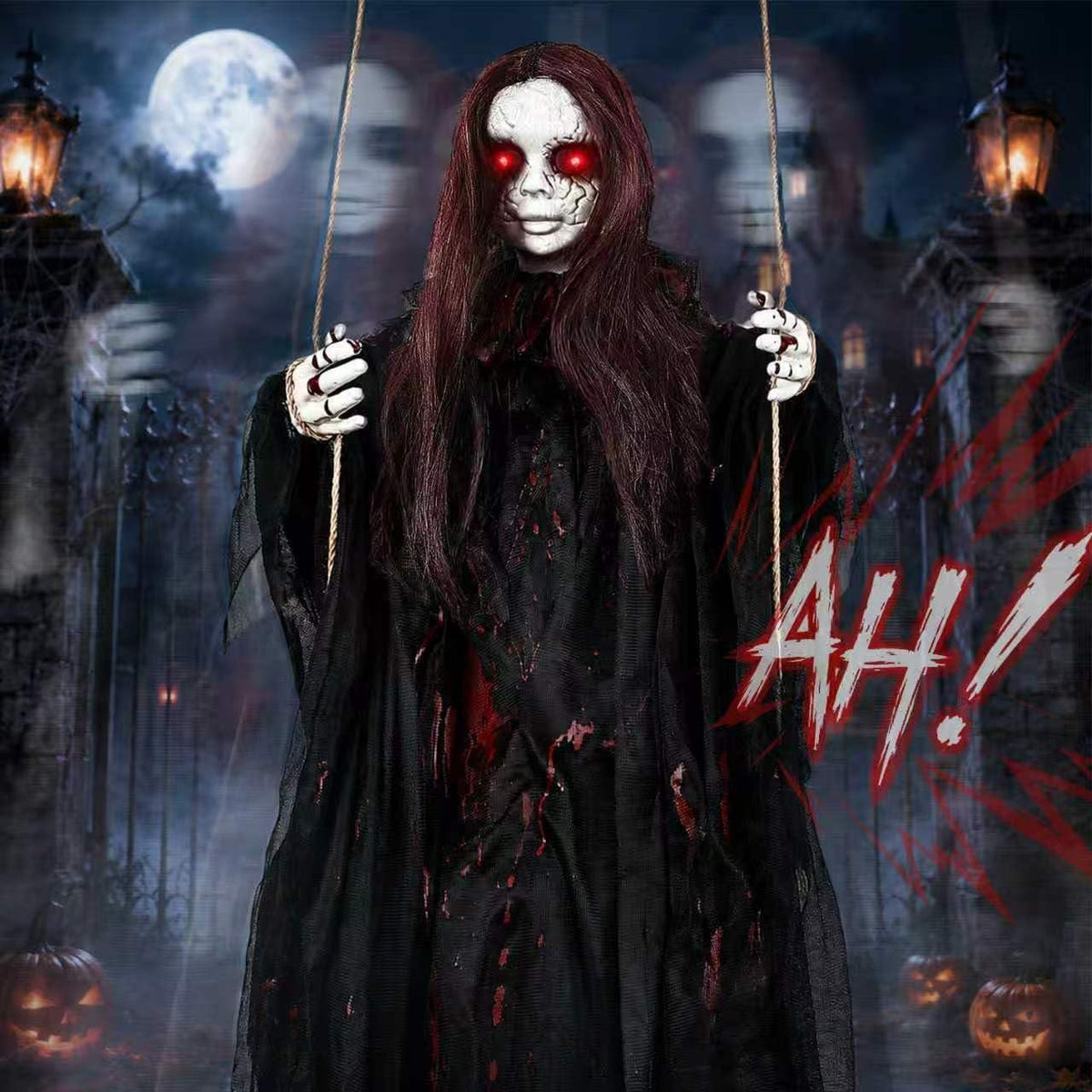 59" Scary Hanging Ghost Girl Halloween Decoration – Sound & Touch Activated Swinging Doll with Red Eyes & Creepy Sounds, Outdoor/Indoor Decor for Haunted House, Graveyard, Yard & Party