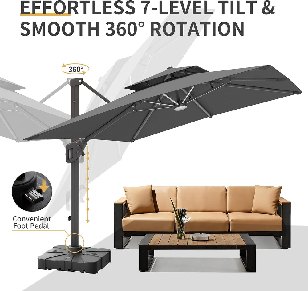 10 X 13 FT Cantilever Patio Umbrella with Base & Lights