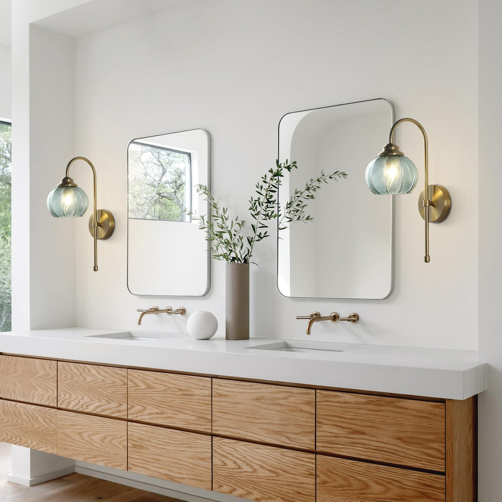 KCO Lighting Brushed Gold Wall Sconce Light Set of 2 Vintage Green Glass Wall...