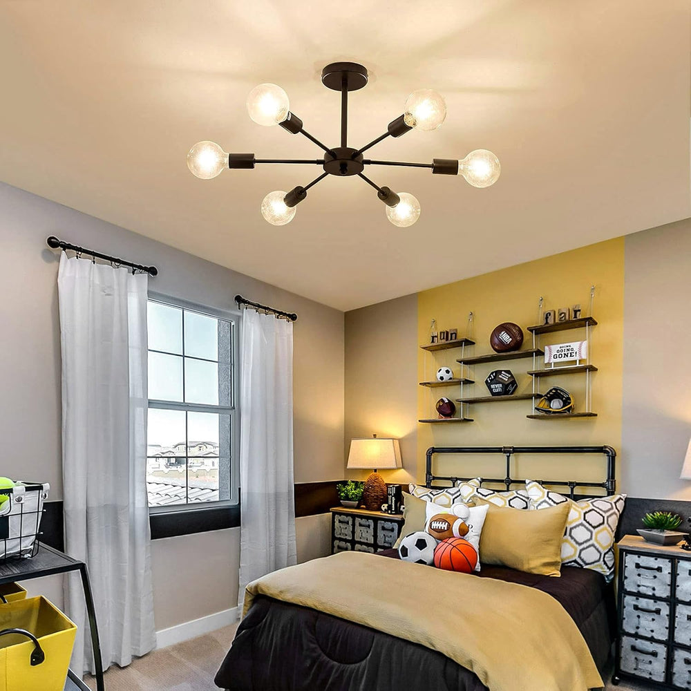 UOFUS Sputnik 6 Light Chandelier Black Mid Century Ceiling Light Fixture Mode...