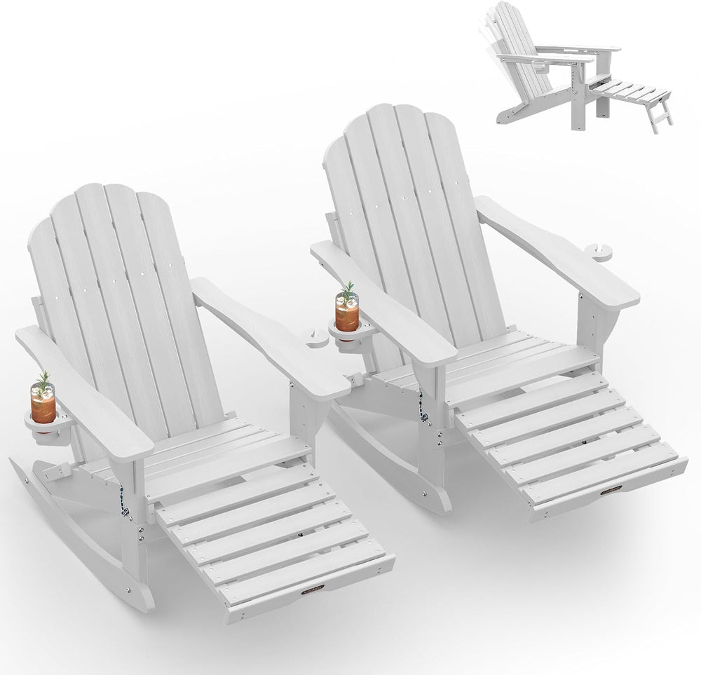 Ciokea Adirondack Rocking Chairs Set of 2 with Retractable Ottoman (White)