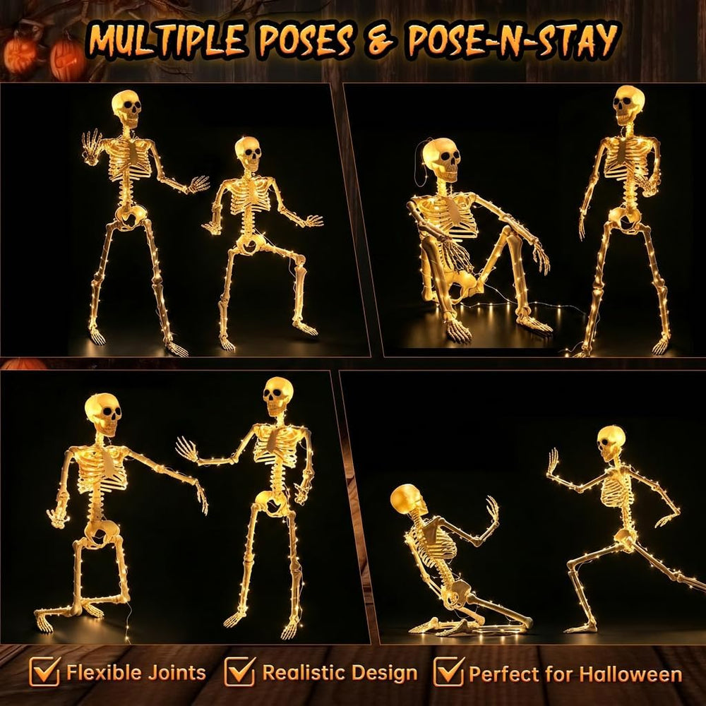 HBSTK 2 Pack 36 Inches 300 LED Light Up Halloween Skeleton Full Body Posable ...