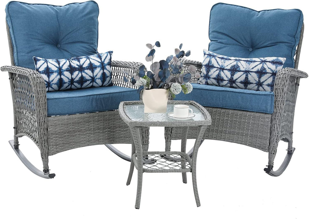 Patio Furniture Set 3 Pieces, Wicker Outdoor Rocking Bistro Set, Blue