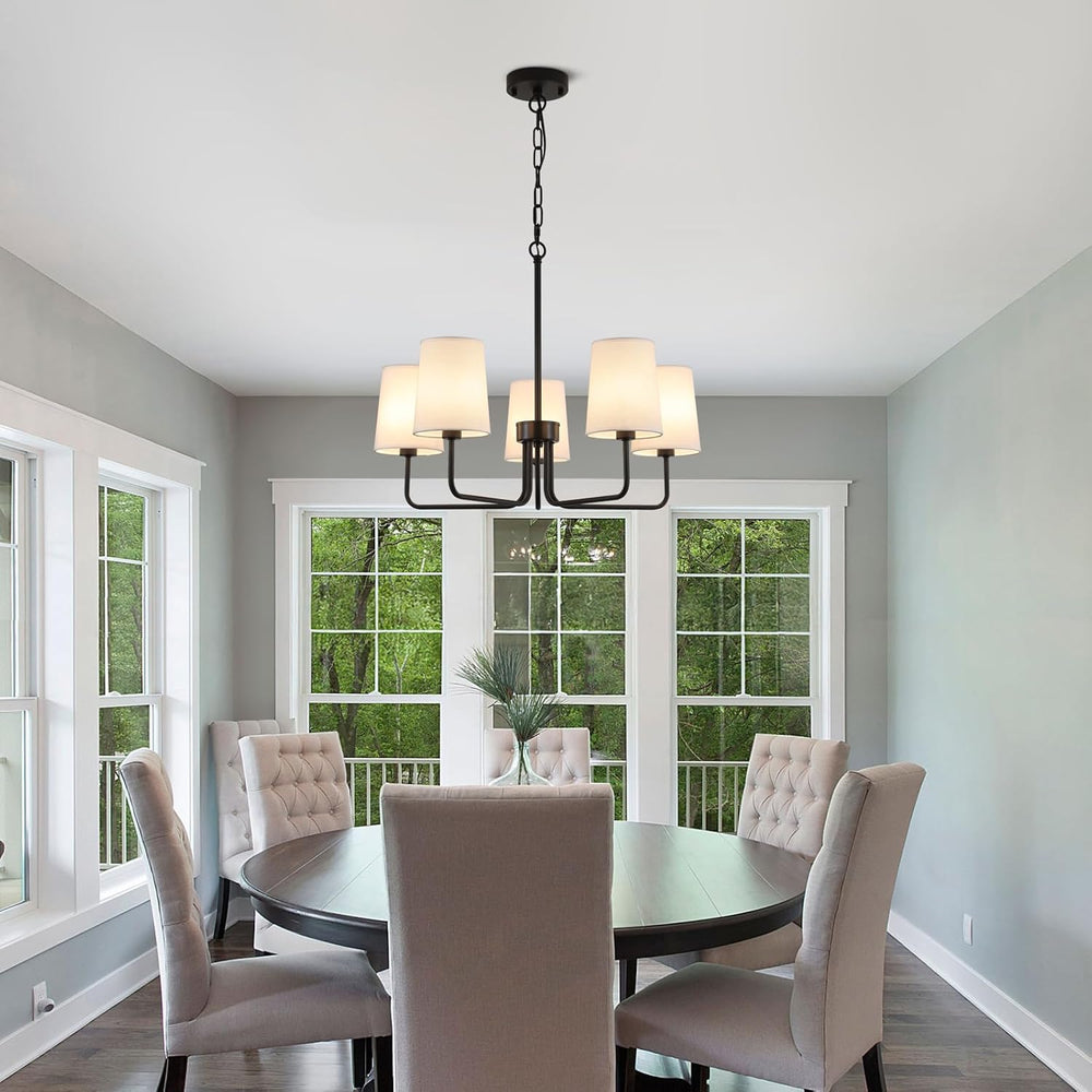 AMZASA Farmhouse Chandelier, Matte Black with White Fabric Shade, Farmhouse L...