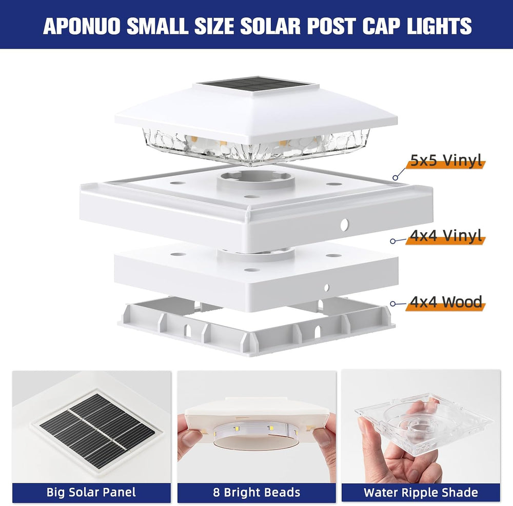APONUO Solar Post Cap Lights for 4x4 5x5 Posts - IP64 Waterproof, 6500K LED, ...