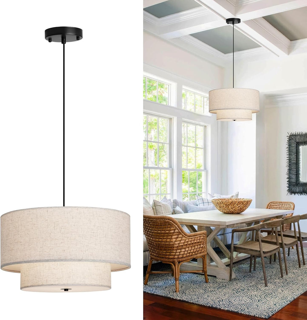 18" Modern Double Drum Fabric Pendant Light, Large Hanging Ceiling Chand...
