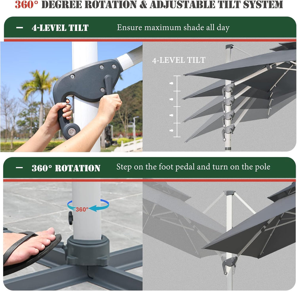 10x10 FT Square Cantilever Patio Umbrella with Solar LED Lights and Cross Bas...