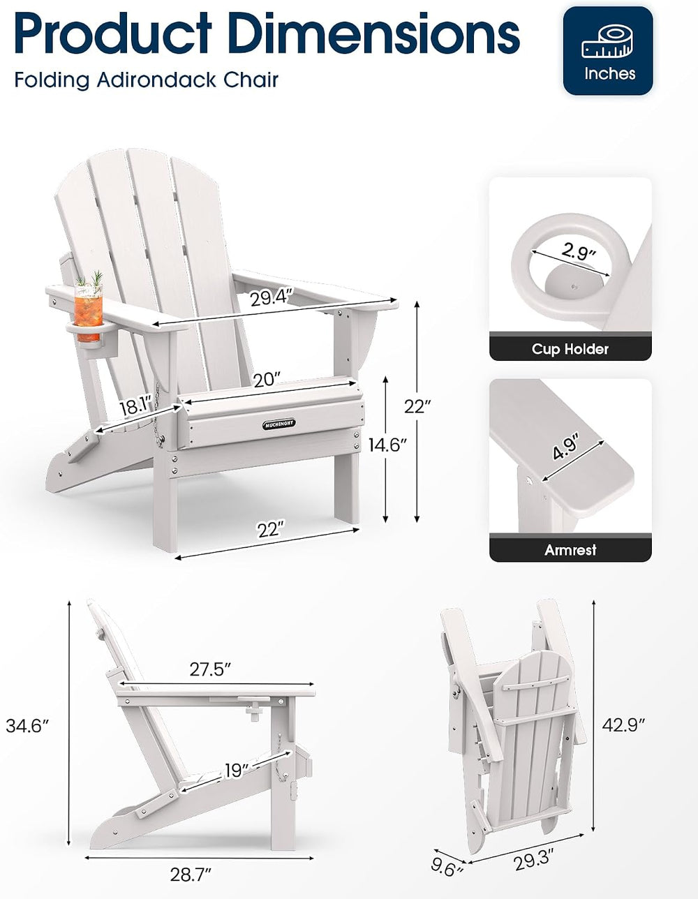 MUCHENGHY Folding Adirondack Chair HDPE for Fire Pit Outdoor, White