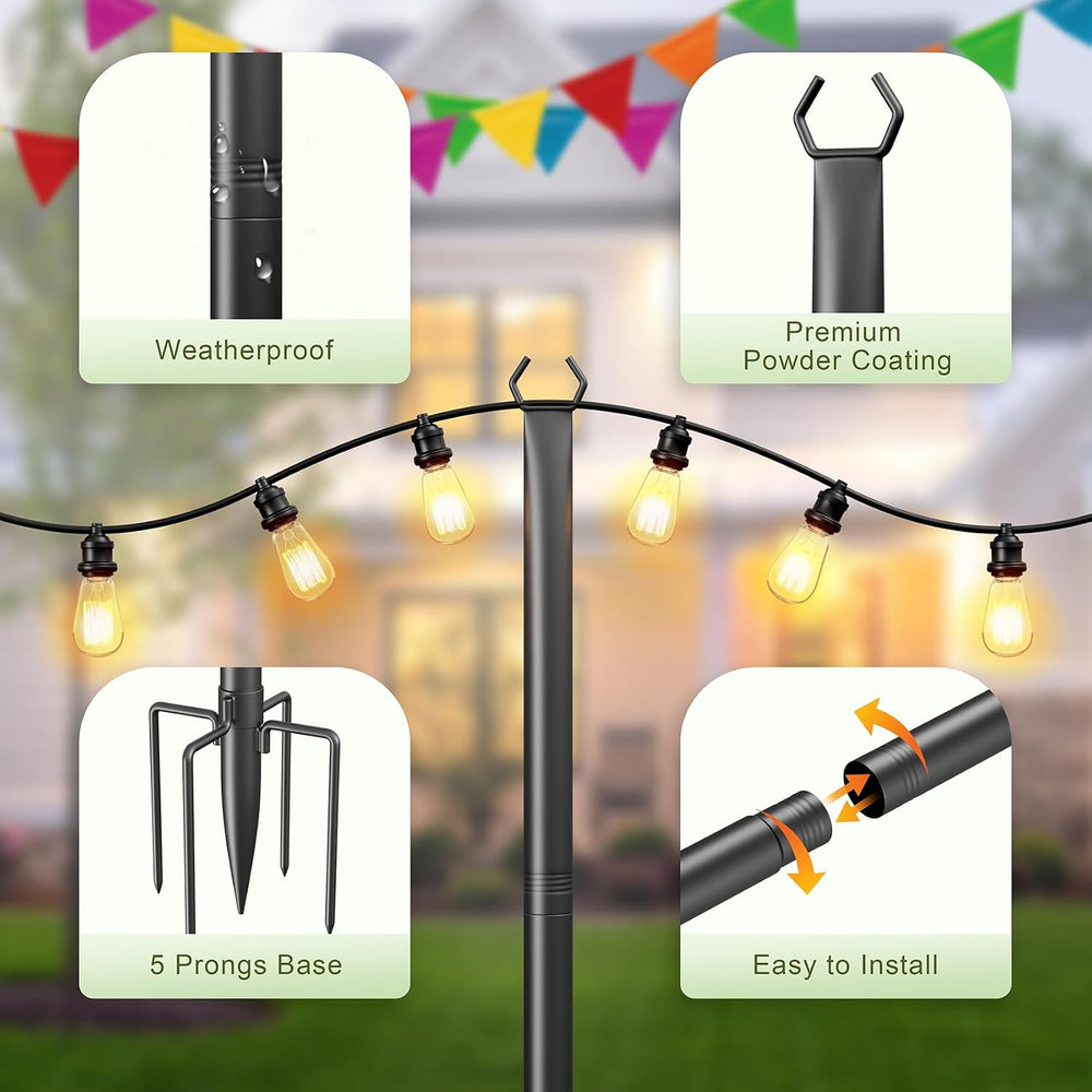 Jusgym String Light Poles for Outside, 10ft Adjustable Metal Poles for Outdoo...