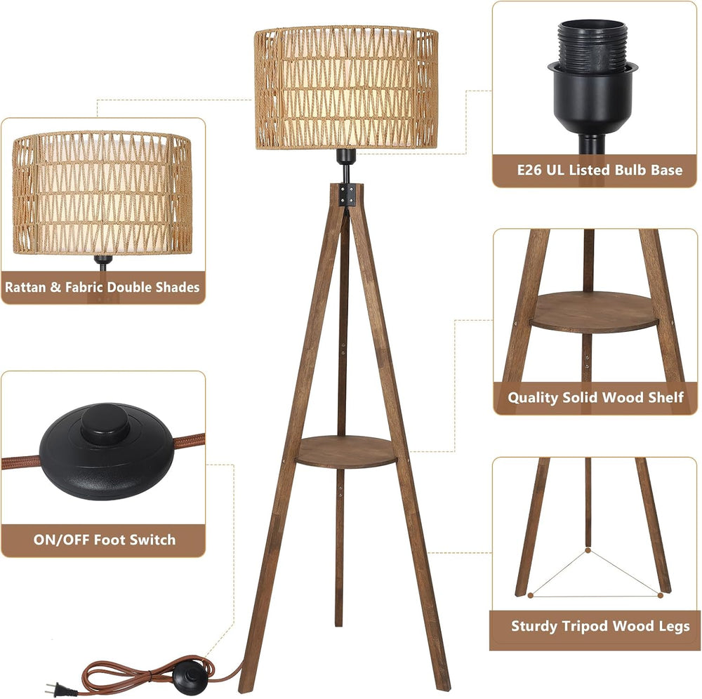 LAMSU Boho Tripod Floor Lamps for Living Room, Rattan Wood Floor Lamp with Fa...