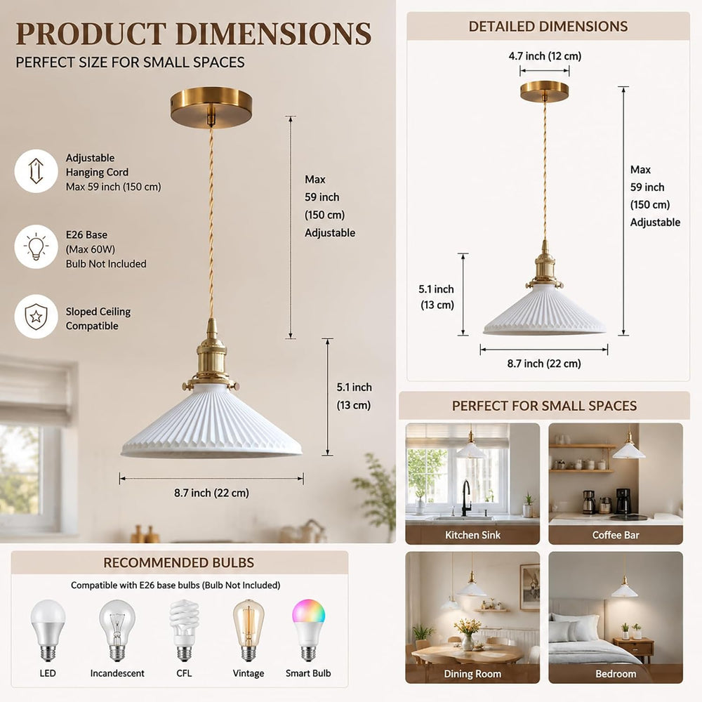 Small Ceramic Pendant Light, Farmhouse Pleated Shade with Brass Socket, Vinta...