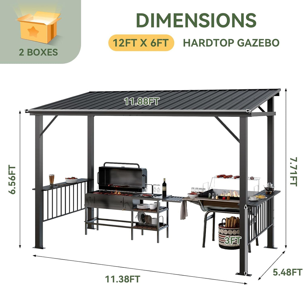 Aoxun 12x6FT Hardtop Gazebo, Grill Gazebo with Sloping Steel Roof, Black