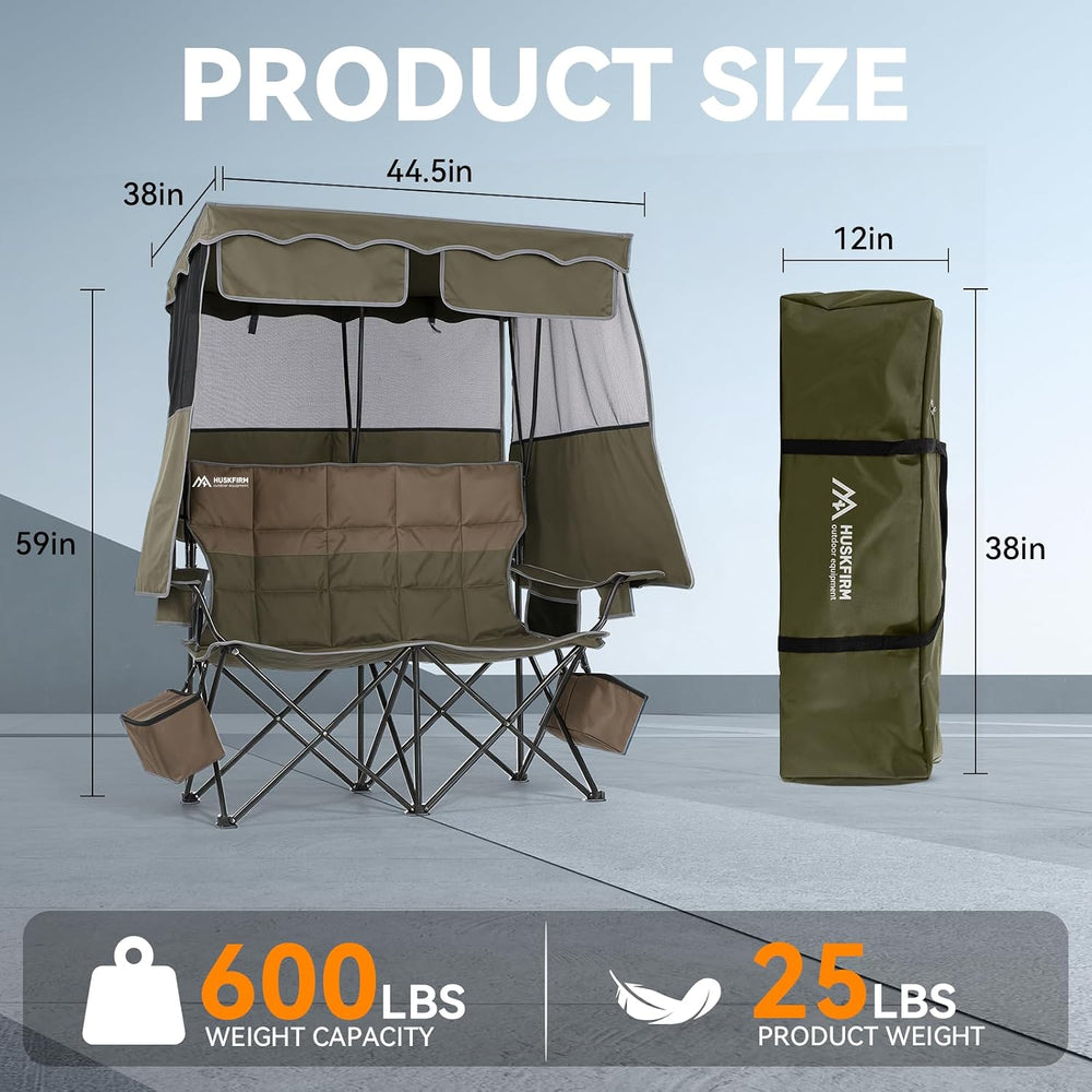 Padded Double Camping Chair With Canopy,Folding Chair Support 450LBS, Green