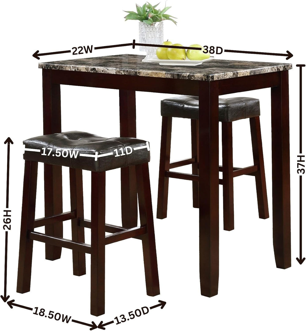 Roundhill Furniture 3-Piece Counter Height Glossy Print Marble Breakfast Tabl...