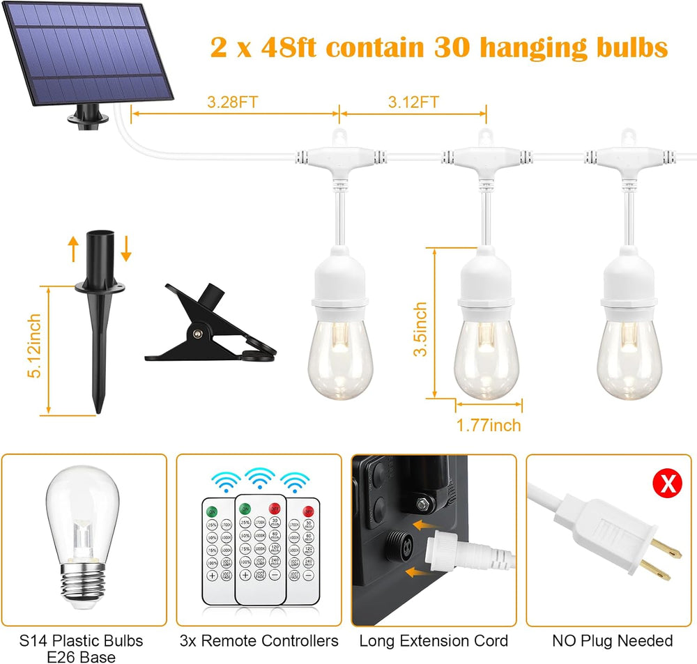 Mlambert 96FT(2x48FT) 3 Colors LED Solar String Lights with Remote, White