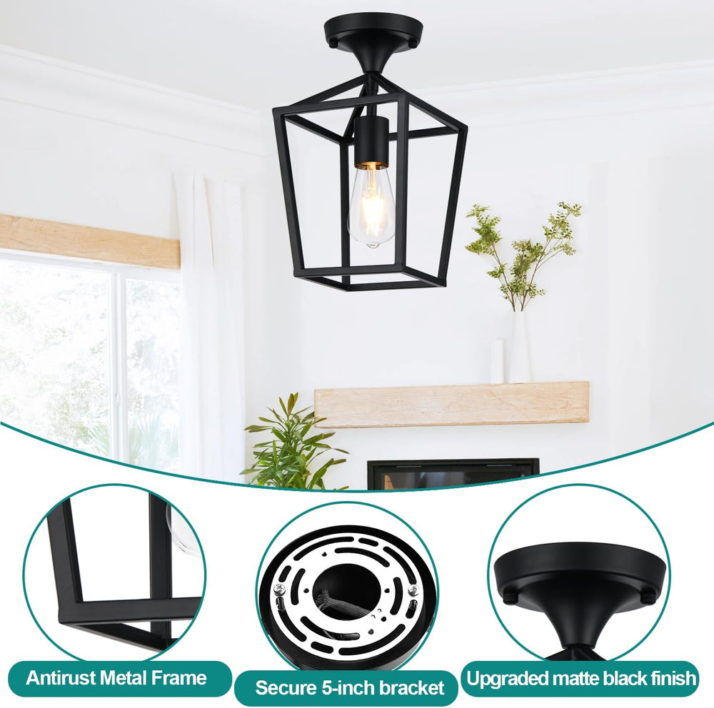 Flush Mount Ceiling Light Fixture, Matte Black Industrial Farmhouse Cage
