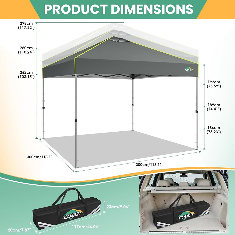 COBIZI 10x10 Pop Up Canopy - One Push Setup Tent, Glow Strips, 4 Sidewalls