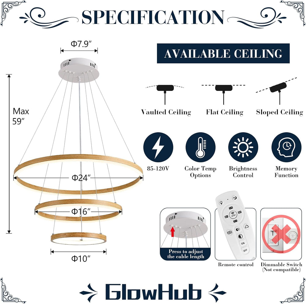 Modern LED Chandelier 24" Circular Pendant Light 3-Ring with Wood Grain ...