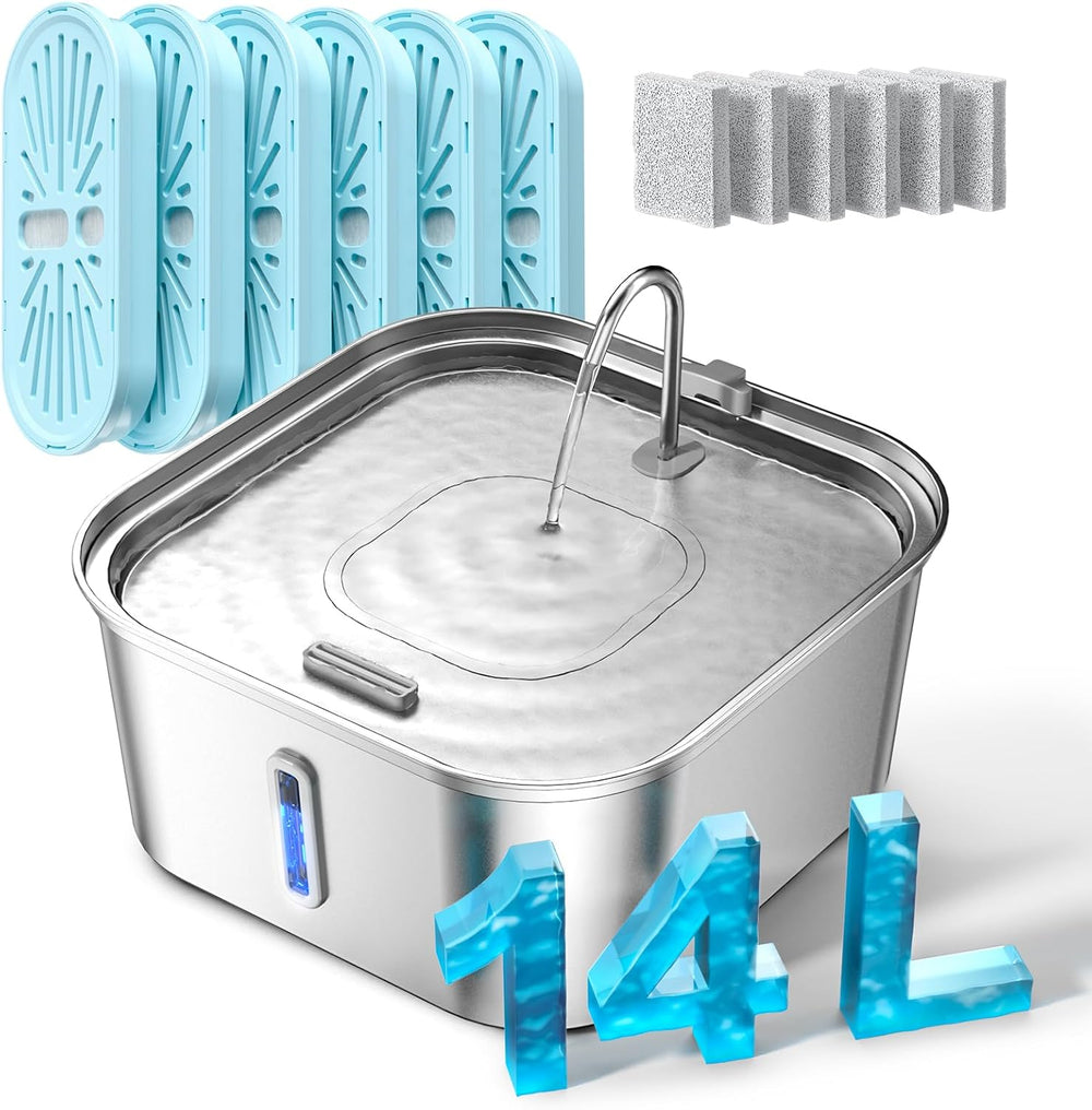 Large Dog Water Fountain 14L/3.7Gal, Stainless Steel Pet Fountain for Large D...