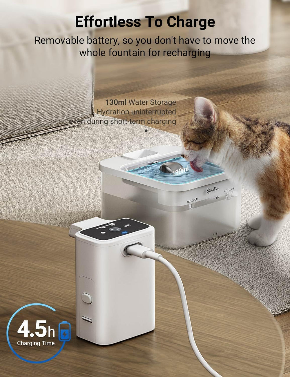 DownyPaws Cat Water Fountain Cordless, Pet Fountain, 84oz/2.5L, White Pro