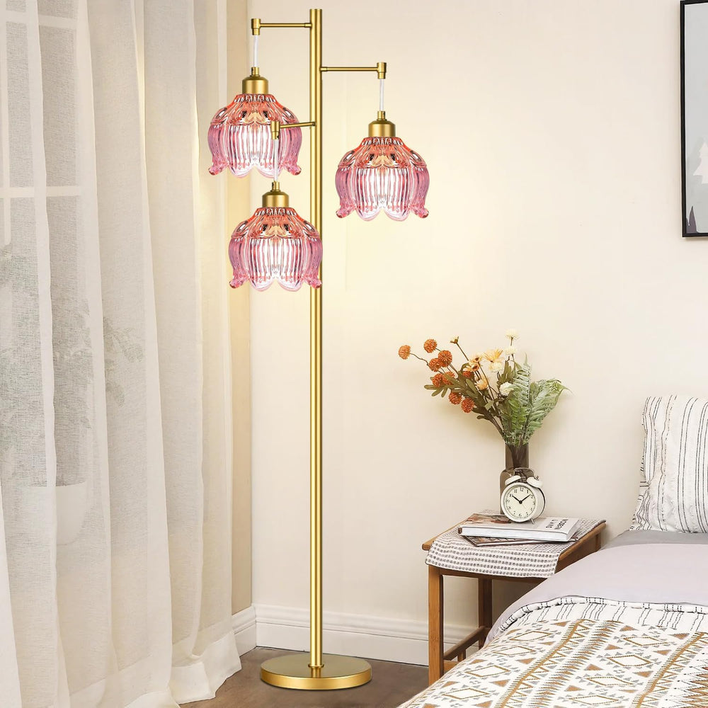 ILLMTW Glass Floor Lamp for Living Room,Bedroom,Gold Flower Mid Century Moder...