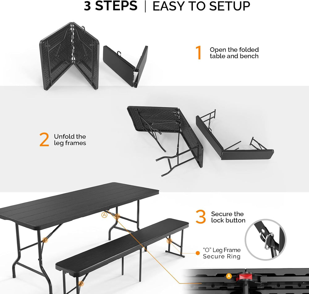 Bonnlo Black Folding Picnic Table Set with 2 Benches, 6 Feet Camping Table Ch...