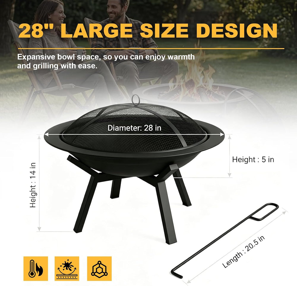 Outdoor Wood Burning Fire Pit, Heavy Duty Round Steel Fire Bowl for Backyard,...