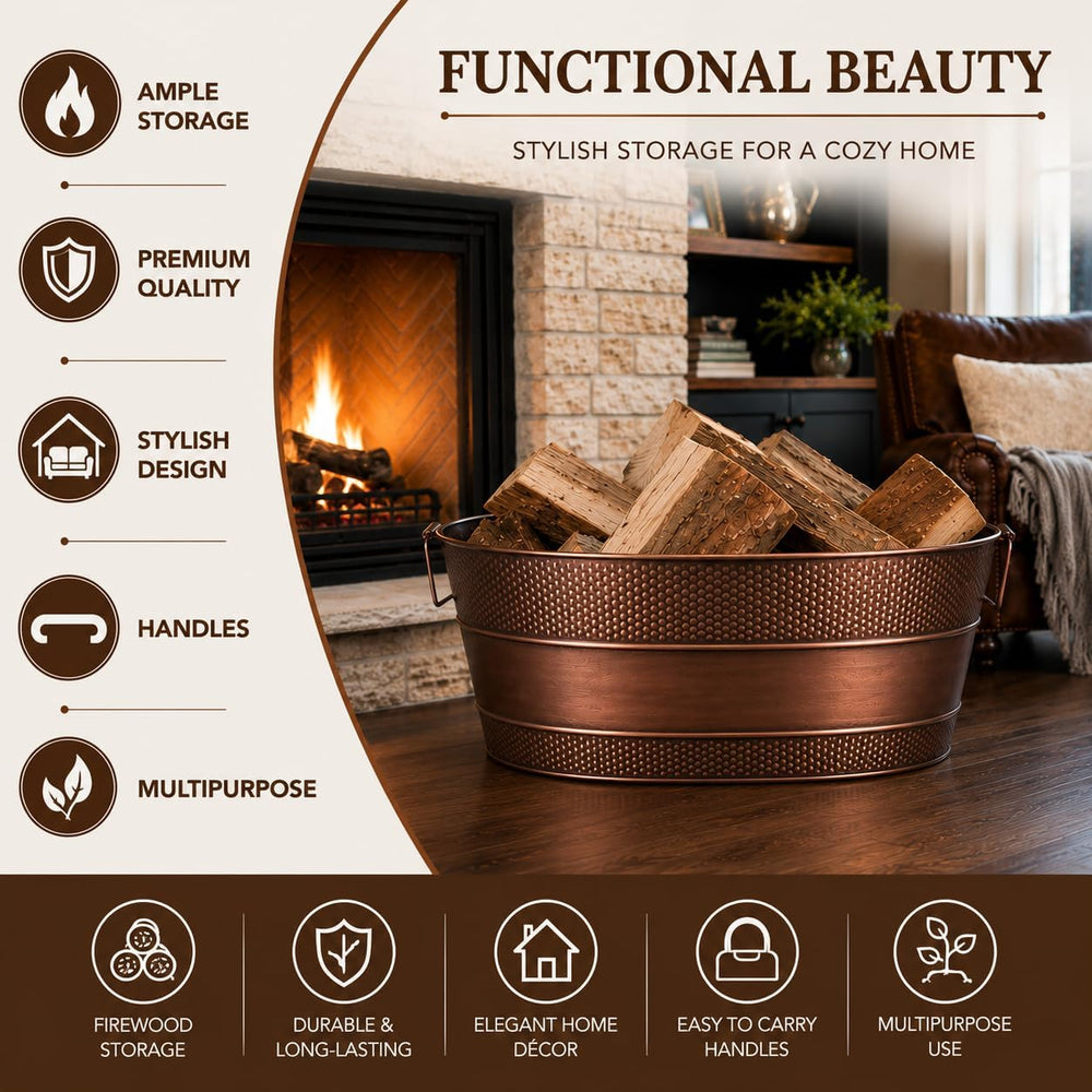 BREKX Copper Galvanized Firewood Storage Bin with Handles, 25-Qt
