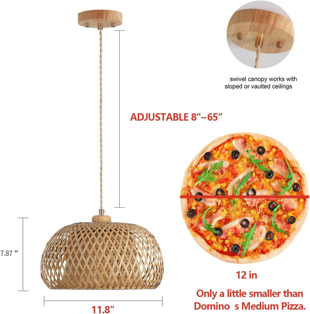 Bamboo Pendant Light Fixture One-Light Adjustable Boho Basket Handmade Woven ...