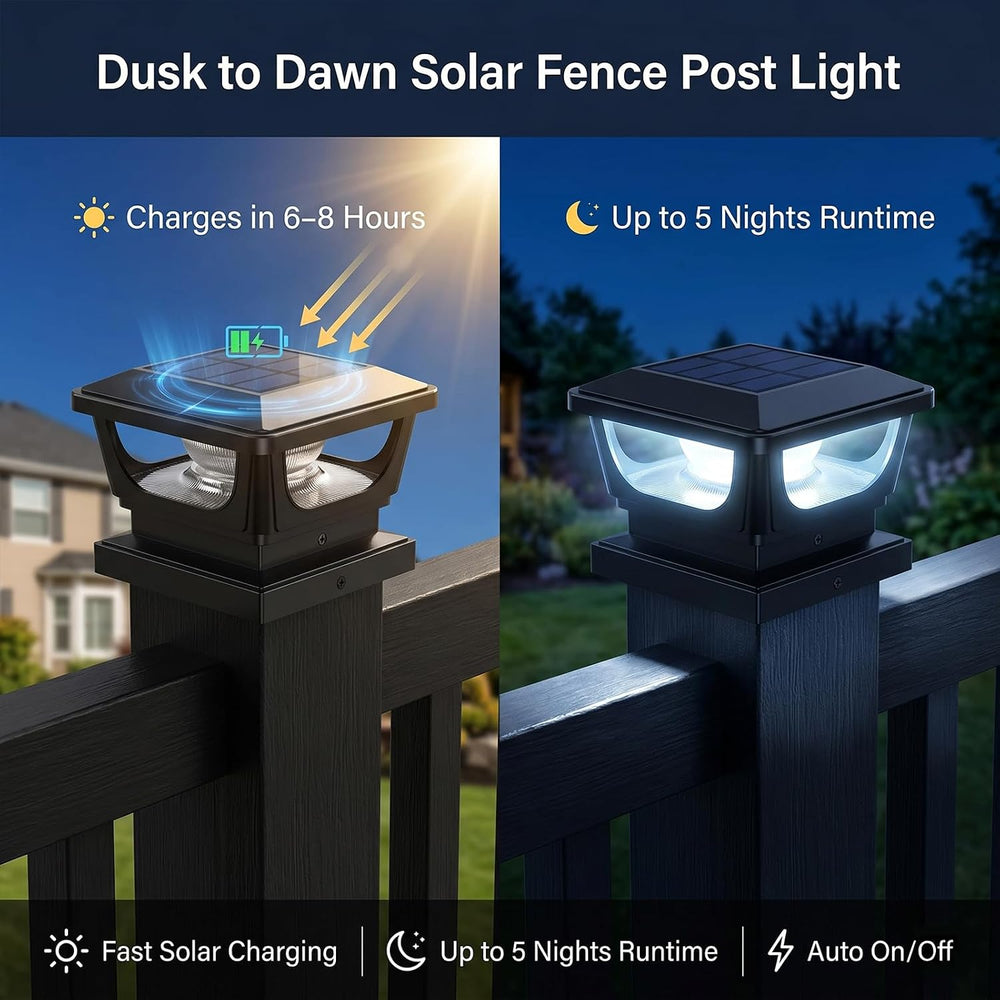 Solar Post Cap Lights 6 Pack, IP65 Waterproof 120LM 6500K Cool White Black