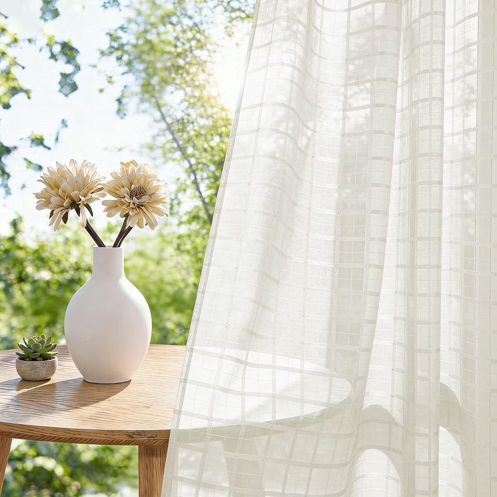 4 Panels Outdoor Sheer Curtains for Patio, Jacquard Check Curtains for Patio ...
