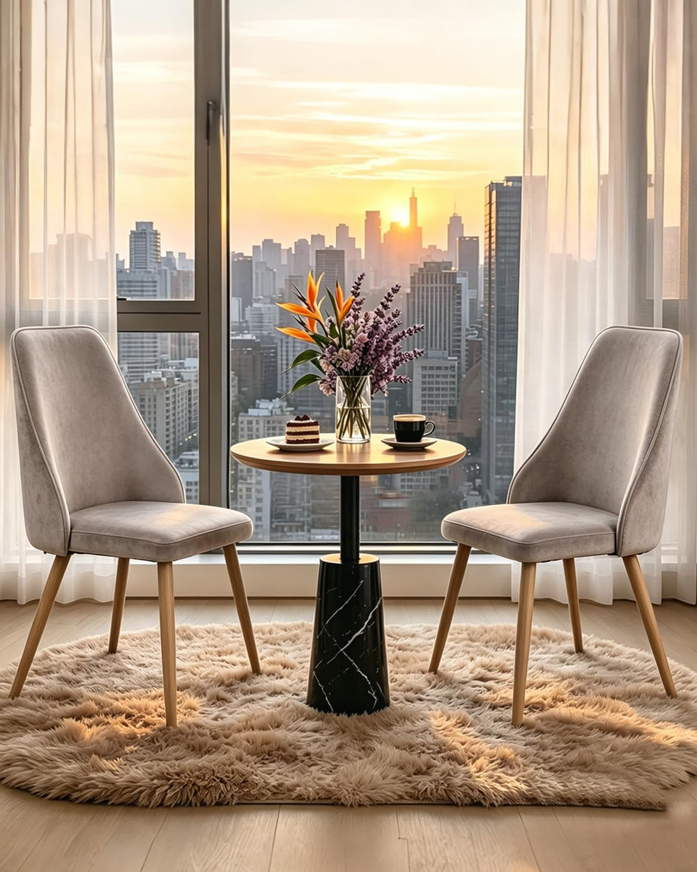 Mid-Century Modern Dining Chairs Set of 2 Grey Velvet Upholstered High Back A...