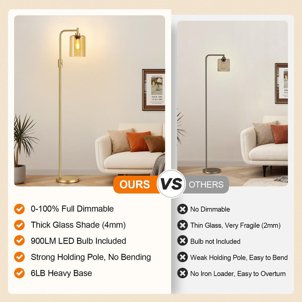 【Upgraded】 Dimmable Floor Lamp for Living Room with Amber Glass Lampshade, Go...