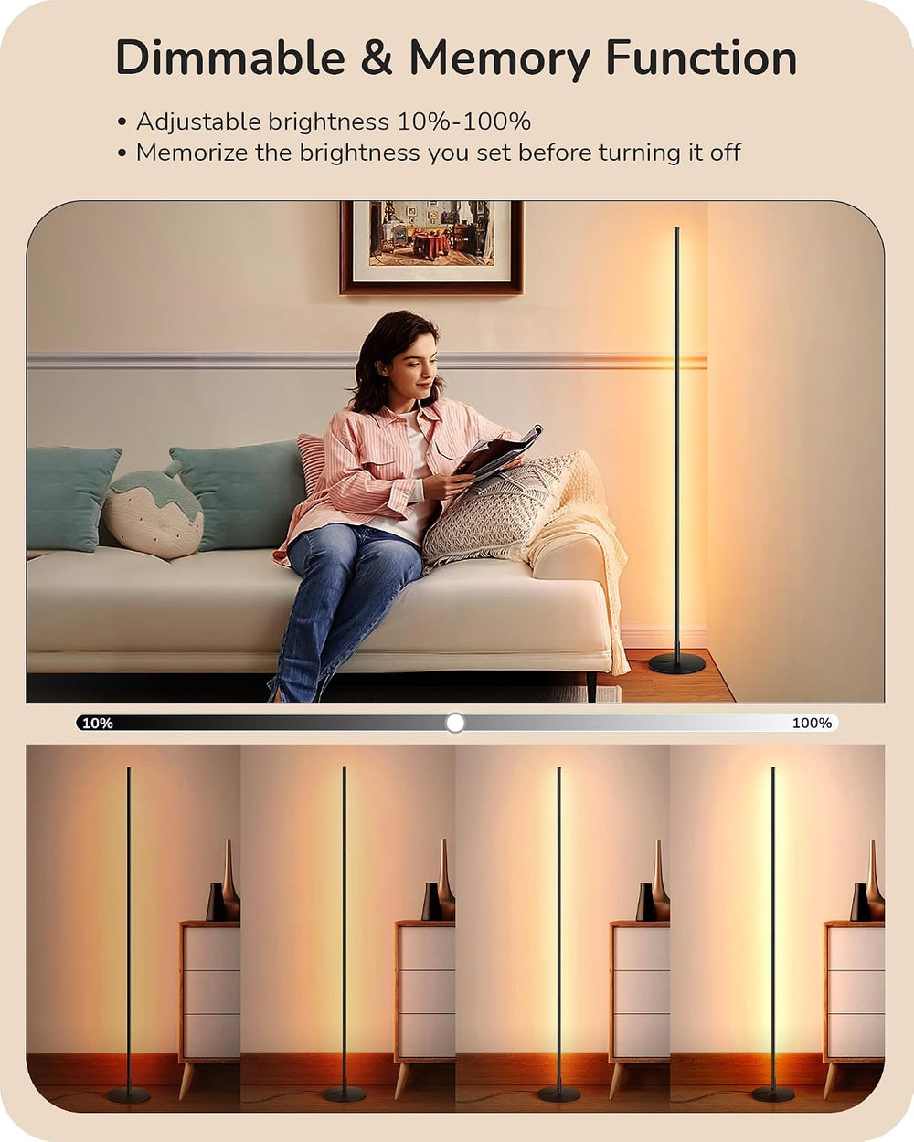 EDISHINE LED Corner Floor Lamp, 57.5" Minimalist Dimmable Sleek Light, A...