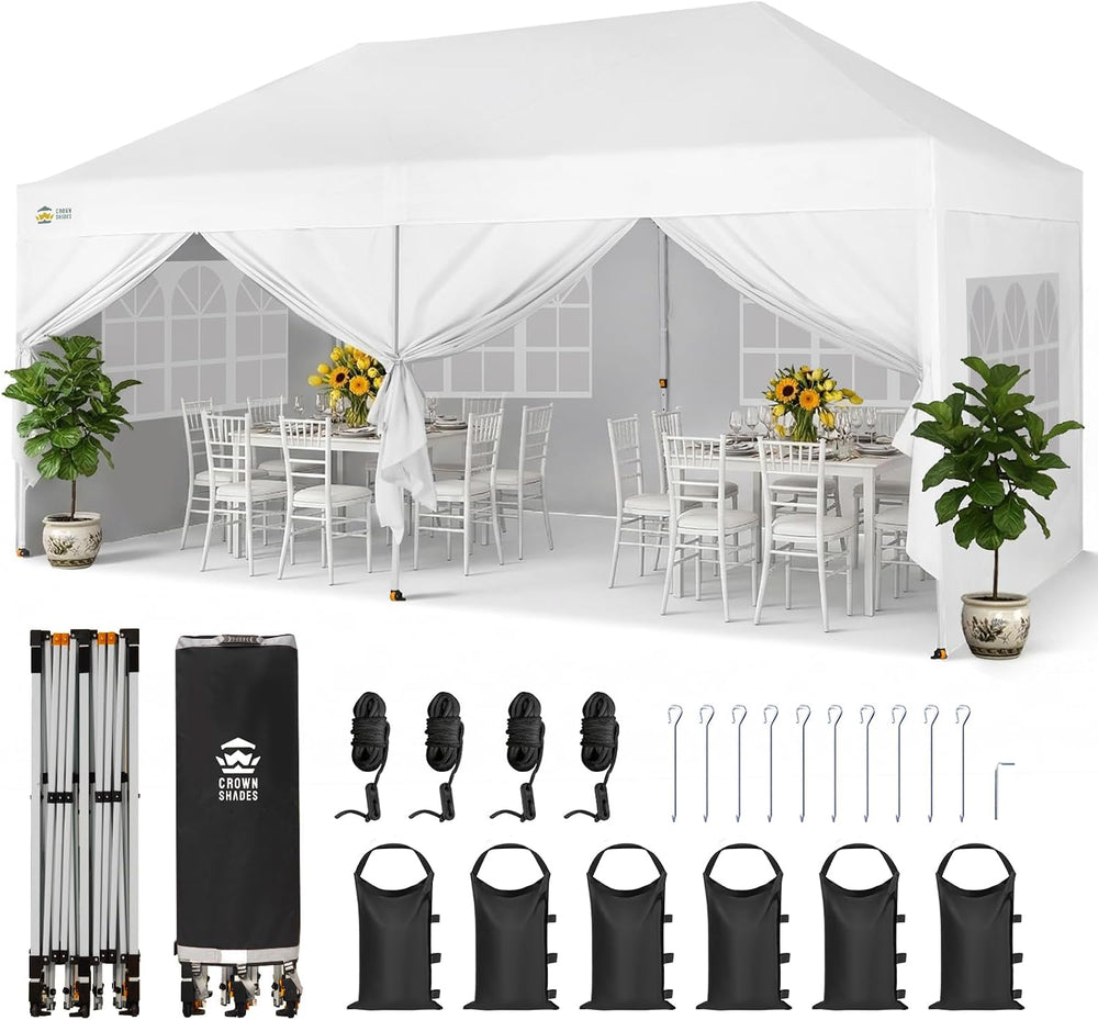 CROWN SHADES 10X20 Pop Up Canopy Tent with Sidewalls, Instant Setup, White